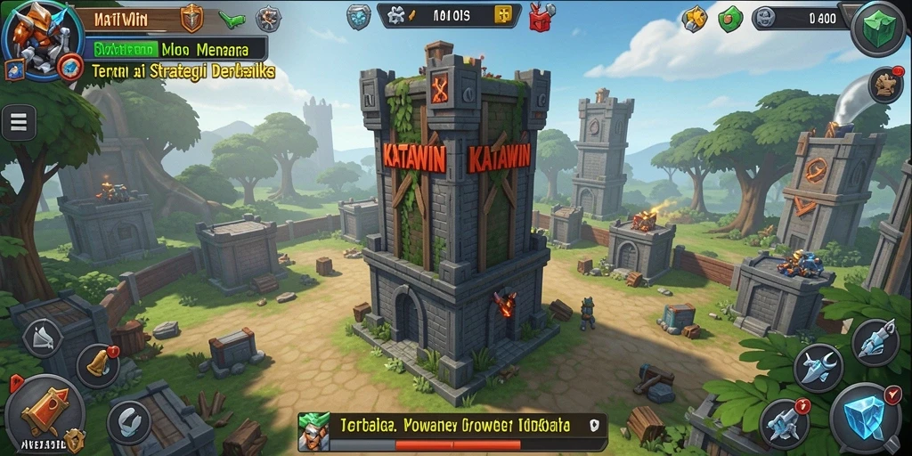 Gameplay KATAWIN yang seru dalam pertahanan menara.